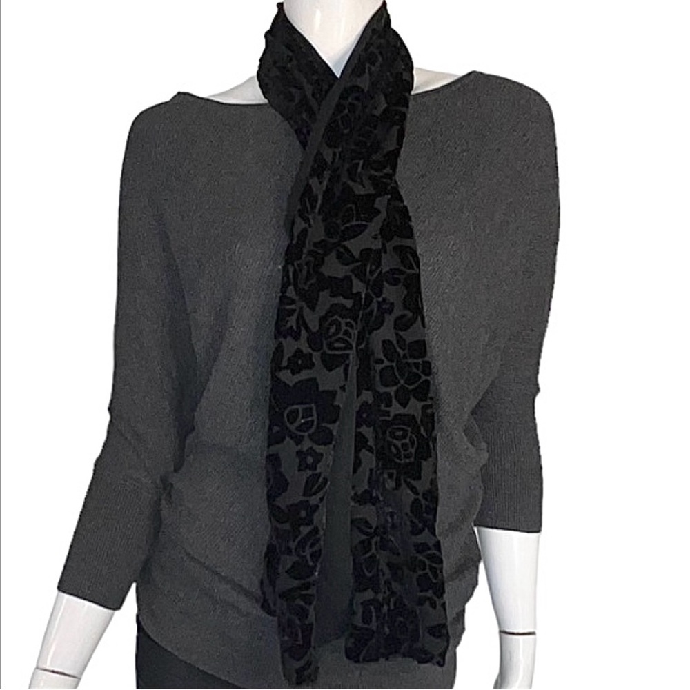 Cejon Accessories inc. Silk Blend and Velvet Floral Print Black Scarf